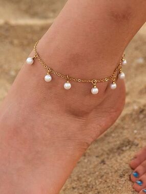 18K Gold Plated Faux Pearl Charm Anklet